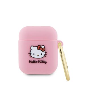 Pouzdro Hello Kitty Liquid Silicone 3D Kitty Head Logo pro Apple AirPods 1/2 Pink
