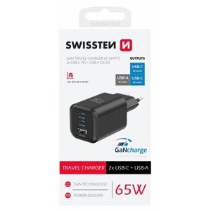 Adaptér Swissten s funkcí rychlonabíjení 1x USB-A, 2X USB-C 65W černý