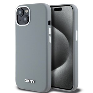 Zadní Kryt DKNY Liquid Silicone Silver Metal Logo Magsafe pro iPhone 15 Grey