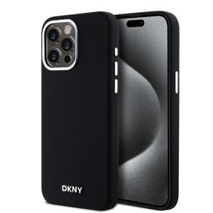 Zadní Kryt DKNY Liquid Silicone Silver Metal Logo Magsafe pro iPhone 15 Pro Max Black