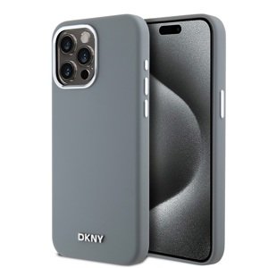 Zadní Kryt DKNY Liquid Silicone Silver Metal Logo Magsafe pro iPhone 15 Pro Max Grey