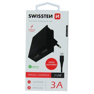 SWISSTEN TRAVEL CHARGER SMART IC WITH 2x USB 3A POWER + DATA CABLE USB / LIGHTNING 1,2 M BLACK 22048000