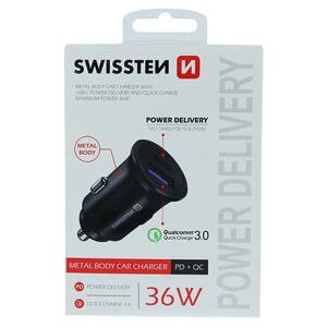 SWISSTEN CAR ADAPTER POWER DELIVERY USB-C + QUICK CHARGE 3.0 36W METAL BLACK 20111760