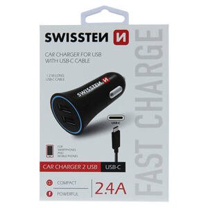 SWISSTEN CAR CHARGER 2,4A POWER WITH 2x USB + CABLE USB-C 20110908