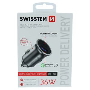 SWISSTEN CAR ADAPTER POWER DELIVERY USB-C + QUICK CHARGE 3.0 36W METAL SILVER 20111740