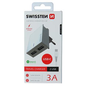 SWISSTEN TRAVEL CHARGER SMART IC WITH 2x USB 3A POWER + DATA CABLE USB / TYPE C 1,2 M WHITE 22043000