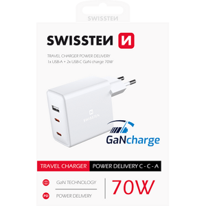 SWISSTEN GaN TRAVEL CHARGER 2x USB-C + 1x USB 70W 22054100