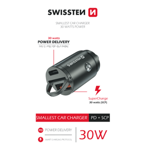 SWISSTEN CAR ADAPTER POWER DELIVERY USB-C + SUPER CHARGE 3.0 30W NANO SILVER 20111780