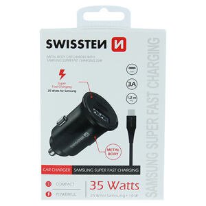 SWISSTEN CAR CHARGER FOR SAMSUNG SUPER FAST CHARGING 25W + DATA CABLE USB-C/USB-C 1,2 M BLACK 20117100