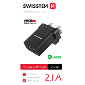 SWISSTEN TRAVEL CHARGER 2x USB 10,5W for UK socket BLACK 22045200