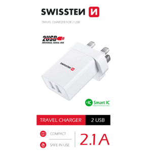 SWISSTEN TRAVEL CHARGER 2x USB 10,5W for UK socket WHITE 22045100