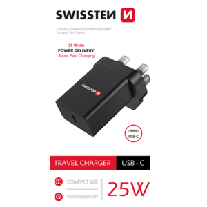 SWISSTEN TRAVEL CHARGER PD 25W FOR IPHONE AND SAMSUNG for UK socket BLACK 22045300