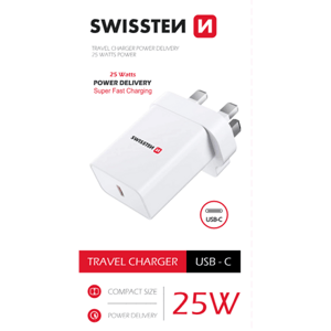 SWISSTEN TRAVEL CHARGER PD 25W FOR IPHONE AND SAMSUNG for UK socket WHITE 22045400