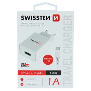 SWISSTEN TRAVEL CHARGER SMART IC WITH 1x USB 1A POWER + DATA CABLE USB / MICRO USB 1,2 M WHITE 22061000