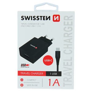 SWISSTEN TRAVEL CHARGER SMART IC WITH 1x USB 1A POWER + DATA CABLE USB / TYPE C 1,2 M BLACK 22064000