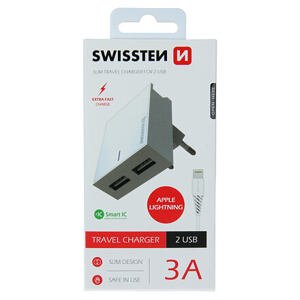 SWISSTEN TRAVEL CHARGER SMART IC WITH 2x USB 3A POWER + DATA CABLE USB / LIGHTNING 1,2 M WHITE 22047000