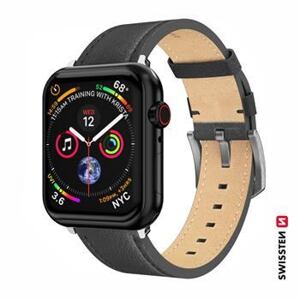 SWISSTEN LEATHER BAND FOR APPLE WATCH 42 / 44 / 45 / 49 mm BLACK (silver buckle and silver lug) 46000812