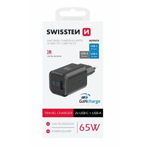 SWISSTEN TRAVEL CHARGER GaN 2x USB-C 65W PD + 1x USB-A 18W QC BLACK 22071410