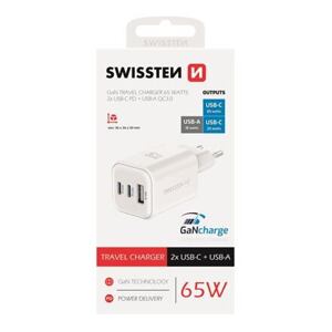 SWISSTEN TRAVEL CHARGER GaN 2x USB-C 65W PD + 1x USB-A 18W QC WHITE 22071400